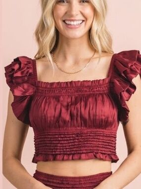 Ruffled Midriff Blouse Women's size Medium in Burgundy Wine Red - M